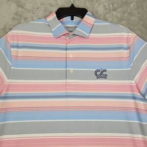 Johnnie-O‎ Polo Shirt Mens Medium Blue Pink and White Striped Golf Performance